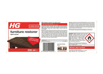 HG Dark Wood Furniture Restorer - Cleans & Reduces Marks, Stains, Rings & Scratches on Wooden Surfaces - Anti-Ageing Treatment for Dark Wood - 250ml