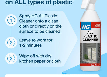 HG All Plastic Cleaner - Biodegradable Multi-Surface Cleaner for UPVC, Window Frames, Wallpaper, Plexiglass & Painted Areas - 500ml