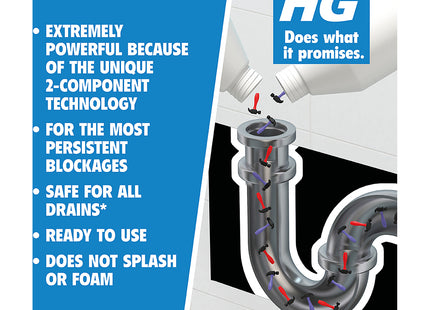 HG Duo Unblocker Clears Blocked Kitchen & Bathroom Sinks & Drains 2 x 500ml