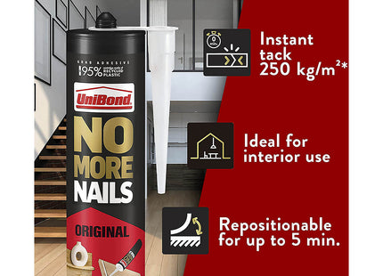 Unibond No More Nails Original Heavy Duty Mounting Adhesive Glue, Strong Grab No Nails Fixing, Multi-Surface Bonding for Wood Metal Brick Stone 280ml