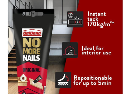 UniBond No More Nails Original White High Strength Grab Adhesive, Heavy Duty Mounting Glue for Wood, Brick, Metal, Instant Grab Interior Use 175ml