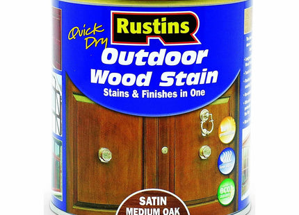 Rustins Quick Dry Outdoor Wood Stain Satin Medium Oak Durable and Weather-Resistant Finish, Fast Drying, Available in Many Wood Shades 500ml
