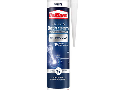 UniBond Anti-Mould White, Waterproof Mould Protection, Long-lasting White Silicone Sealant for Kitchen & Bathroom, Powerful Bath Sealant, 1 x 274g