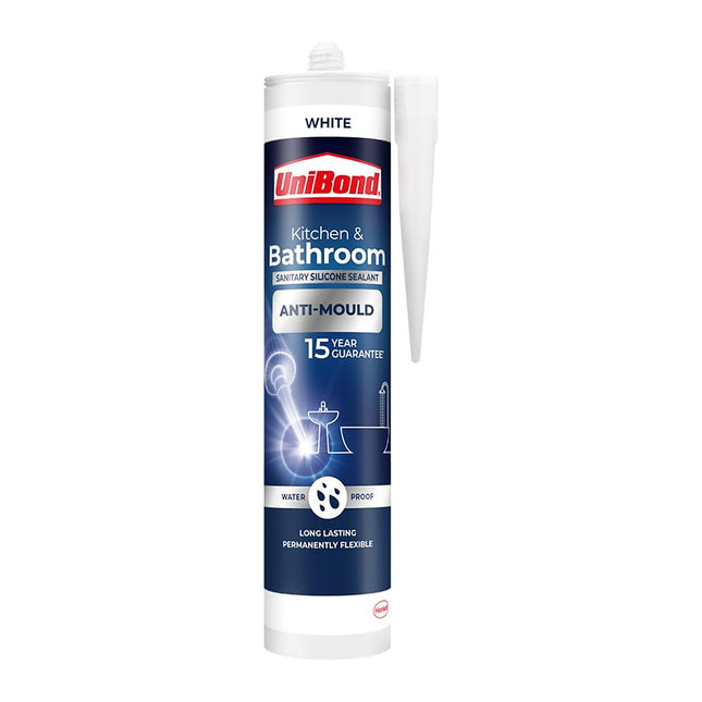 UniBond Anti-Mould White, Waterproof Mould Protection, Long-lasting White Silicone Sealant for Kitchen & Bathroom, Powerful Bath Sealant, 1 x 274g