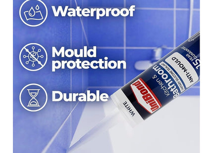 UniBond Anti-Mould White, Waterproof Mould Protection, Long-lasting White Silicone Sealant for Kitchen & Bathroom, Powerful Bath Sealant, 1 x 274g