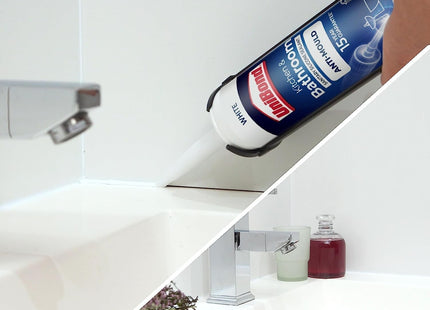 UniBond Anti-Mould White, Waterproof Mould Protection, Long-lasting White Silicone Sealant for Kitchen & Bathroom, Powerful Bath Sealant, 1 x 274g