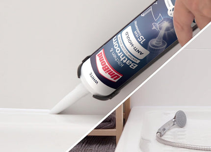 UniBond Anti-Mould White, Waterproof Mould Protection, Long-lasting White Silicone Sealant for Kitchen & Bathroom, Powerful Bath Sealant, 1 x 274g