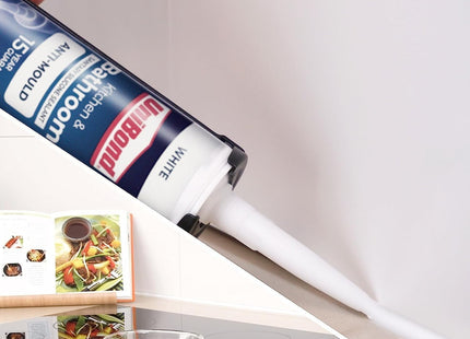 UniBond Anti-Mould White, Waterproof Mould Protection, Long-lasting White Silicone Sealant for Kitchen & Bathroom, Powerful Bath Sealant, 1 x 274g
