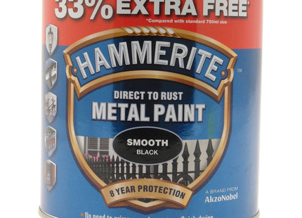 Hammerite Direct to Rust Smooth Metal Paint Black 750ml + 33% Extra Free 5158235