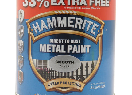 Hammerite Direct to Rust Smooth Metal Paint Silver 750ml + 33% Extra Free 5158234