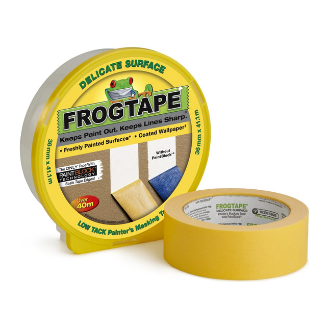 Shurtape Frog Tape Yellow Delicate Surface Painters Masking Tape 36mm x 41.1m. Indoor painting and decorating for sharp lines and no paint bleed