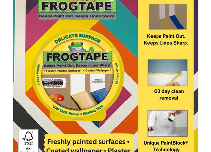 Shurtape Frog Tape Yellow Delicate Surface Painters Masking Tape 36mm x 41.1m. Indoor painting and decorating for sharp lines and no paint bleed
