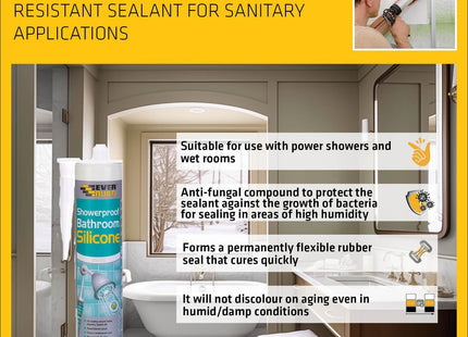 Everbuild Showerproof Bathroom Silicone Sealant - Permanently Flexible - Anti-Fungal Formula - Quick Curing - Waterproof - White - 280ml