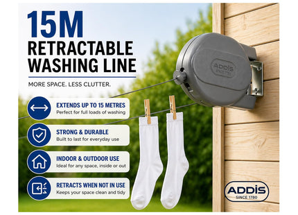 Addis Retractable Outdoor Space-saving Laundry Clothes Washing Line, up to 15 m Single Line, Grey