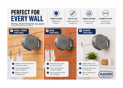 Addis Retractable Outdoor Space-saving Laundry Clothes Washing Line, up to 15 m Single Line, Grey