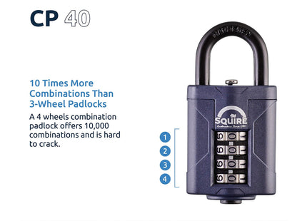 Squire Combination Padlock 40mm Wide Combination Padlock (Blue) Alloy Steel for Corrosion Resistance Weatherproof Lock CP40