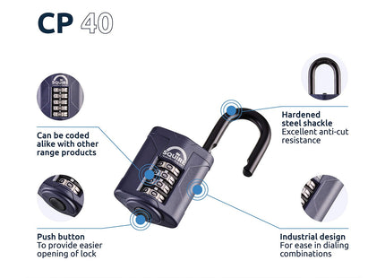 Squire Combination Padlock 40mm Wide Combination Padlock (Blue) Alloy Steel for Corrosion Resistance Weatherproof Lock CP40