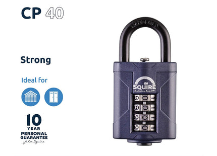 Squire Combination Padlock 40mm Wide Combination Padlock (Blue) Alloy Steel for Corrosion Resistance Weatherproof Lock CP40