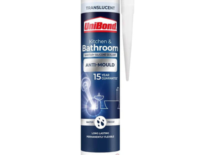 Unibond Bath & Kitchen Mould-Resistant, Transparent Silicone Sealant, Silicone-Based Sanitary Sealant, Waterproof Caulk, 1 x 280ml Cartridge
