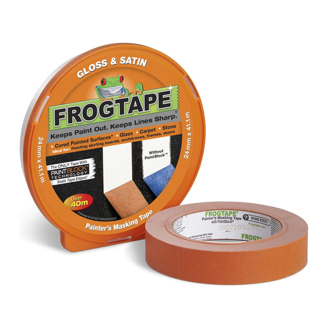 Shurtape Frog Tape Orange Gloss & Satin Painters Masking Tape 24mm x 41.1m, Indoor Painting and Decorating For Sharp Lines and No Paint Bleed