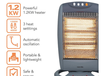Warmlite 3 Bar Halogen Heater with Carry Handle, Safety Tip-Over Switch, 1200W, Grey WL42005