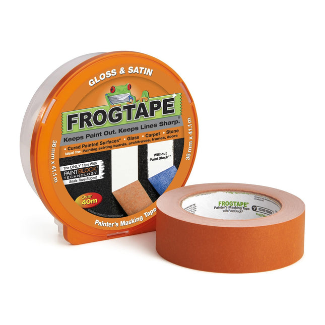Shurtape Frog Tape Orange Gloss & Satin Painters Masking Tape 36mm x 41.1m. Indoor painting and decorating for sharp lines and no paint bleed