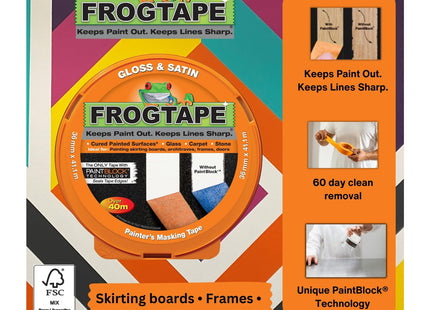 Shurtape Frog Tape Orange Gloss & Satin Painters Masking Tape 36mm x 41.1m. Indoor painting and decorating for sharp lines and no paint bleed