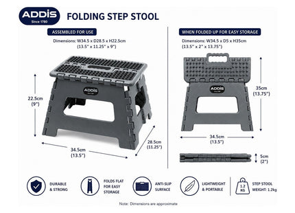 Addis Compact Folding Step Stool - Lightweight, Strong & Portable Design with Non-Slip Top and Feet - Easy Carry Handle - 150kg Load - Graphite Grey