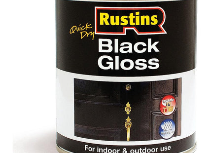 Rustins Quick Dry Black Gloss Paint -Fast-Drying Water-Based Caoting for Wood and Metal; Durable Hard-Wearing Finish with Smooth Gloss Shine 500ml