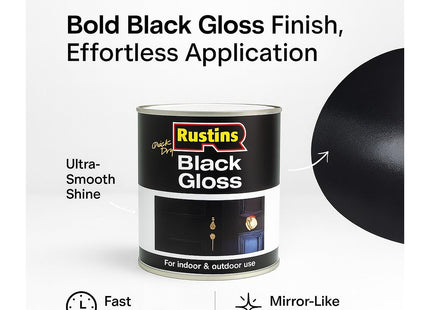 Rustins Quick Dry Black Gloss Paint -Fast-Drying Water-Based Caoting for Wood and Metal; Durable Hard-Wearing Finish with Smooth Gloss Shine 500ml