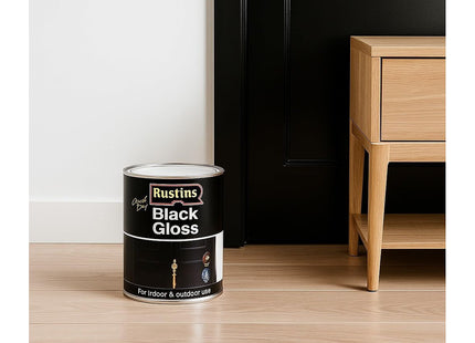 Rustins Quick Dry Black Gloss Paint -Fast-Drying Water-Based Caoting for Wood and Metal; Durable Hard-Wearing Finish with Smooth Gloss Shine 500ml
