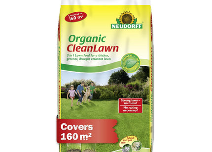 Neudorff Organic CleanLawn, Lawn Fertiliser for a Thicker, Greener, Drought Resistant Lawn, Suppresses Moss and Weeds, 8kg for 160 m_