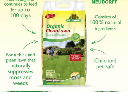 Neudorff Organic CleanLawn, Lawn Fertiliser for a Thicker, Greener, Drought Resistant Lawn, Suppresses Moss and Weeds, 8kg for 160 m_