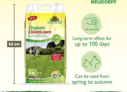 Neudorff Organic CleanLawn, Lawn Fertiliser for a Thicker, Greener, Drought Resistant Lawn, Suppresses Moss and Weeds, 8kg for 160 m_