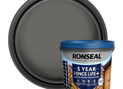 Ronseal Fence Life Plus+ Charcoal Grey, 5 Year Long Lasting Protecion, Sticks to Damp Wood 5 Litre
