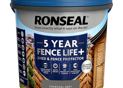 Ronseal Fence Life Plus+ Charcoal Grey, 5 Year Long Lasting Protecion, Sticks to Damp Wood 5 Litre