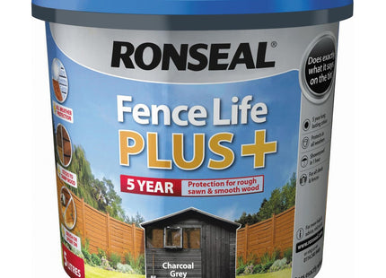 Ronseal Fence Life Plus+ Charcoal Grey, 5 Year Long Lasting Protecion, Sticks to Damp Wood 5 Litre