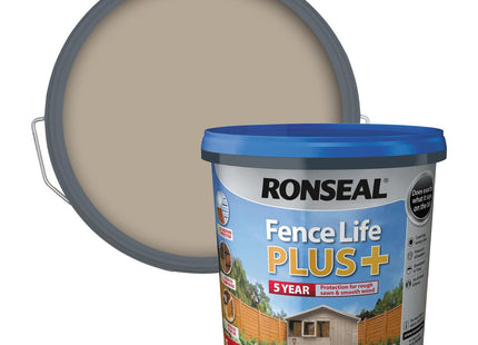 Ronseal Fence Life Plus+ Warm Stone, 5 Year Long Lasting Protecion, Sticks to Damp Wood, For all Sheds and Fences also Showerproof in 1 Hour 5 Litre