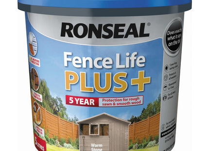 Ronseal Fence Life Plus+ Warm Stone, 5 Year Long Lasting Protecion, Sticks to Damp Wood, For all Sheds and Fences also Showerproof in 1 Hour 5 Litre