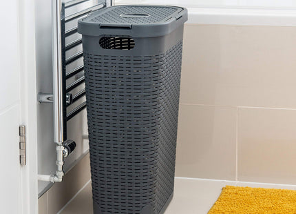 Addis Faux Rattan Slim Laundry Hamper, Charcoal, 40 Litre