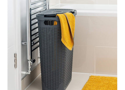 Addis Faux Rattan Slim Laundry Hamper, Charcoal, 40 Litre