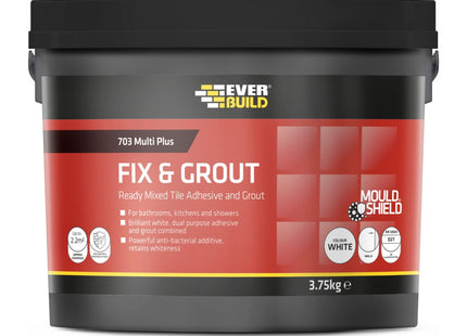 Everbuild 703 Fix And Grout Tile Adhesive - Ready Mixed - Anti-Mould - Water Resistant - High Strength - Brilliant White - 3.75kg