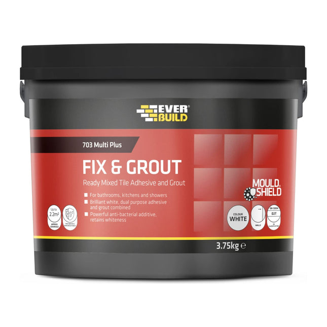 Everbuild 703 Fix And Grout Tile Adhesive - Ready Mixed - Anti-Mould - Water Resistant - High Strength - Brilliant White - 3.75kg
