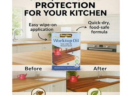 Rustins Worktop Oil - Premium Wood Treatment for Enhanced Durability, Water Resistance, and Natural Finish - Ideal for Kitchen Surfaces 1 Litre