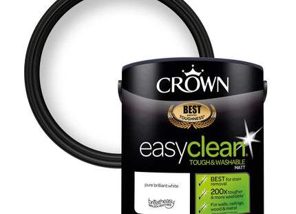 Crown Easyclean Brilliant White Paint - Matt Emulsion Wall Paint 2.5 Litre
