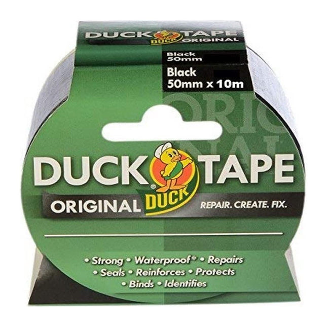 Shurtape Duck Tape Original Black, 50mm x 10m. The original high strength waterproof gaffer and duct adhesive cloth repair tape