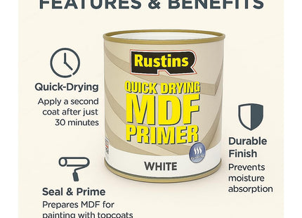 Rustins Quick Drying MDF White Primer -Quick-Drying, Smooth Finish Primer for Bare MDF Wood and Interior Surfaces 250ml