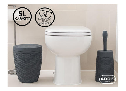 Addis Faux Rattan Round Swing Lid Bathroom Bin, Charcoal 517488