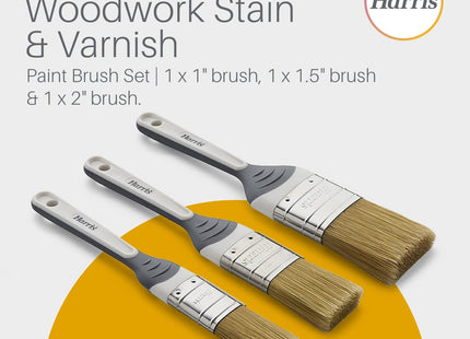 Harris Seriously Good Woodwork Stain & Varnish Paint Brushes, 3 Brush Pack, 1", 1.5", 2", Grey