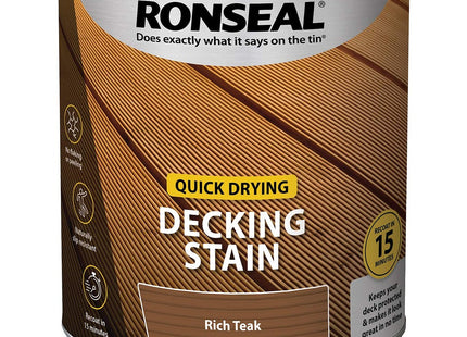 Ronseal Quick Drying Decking Stain Recoat in 15 Minutes, Slip Resistant Finish, Easy Reapply for Exterior Decking 2.5 Litre Teak 39080